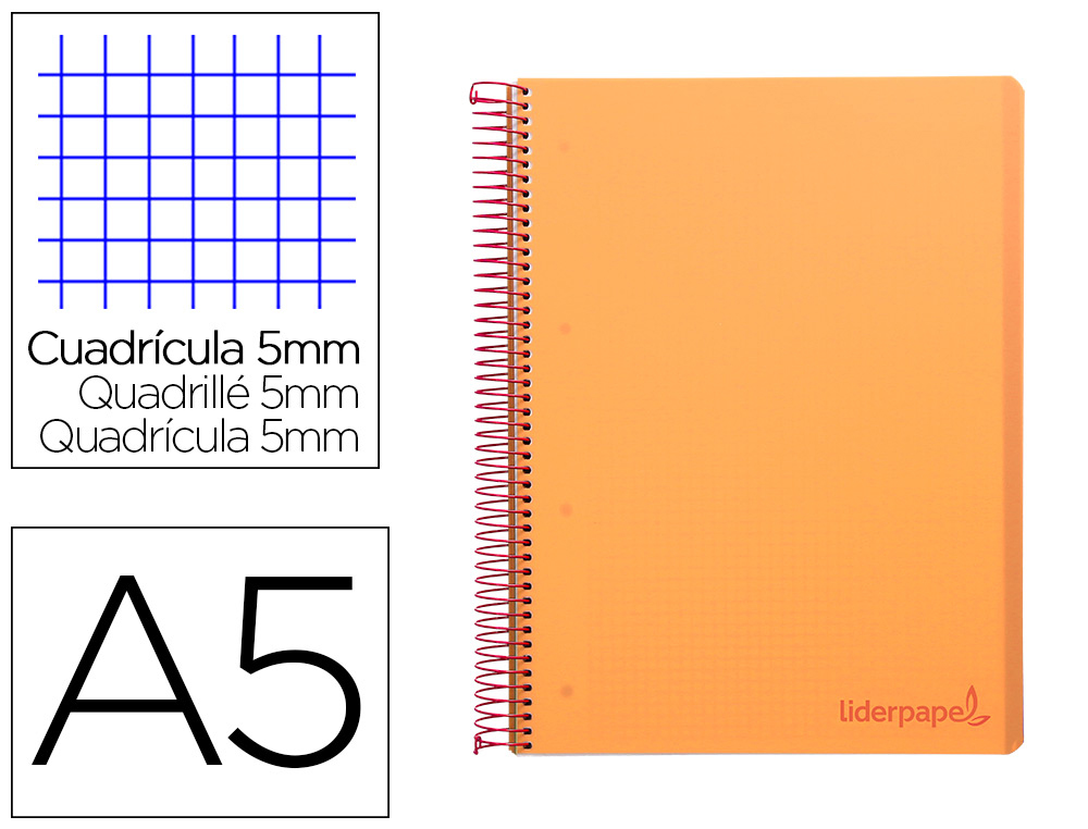 LIDERPAPEL - CUADERNO ESPIRAL A5 MICRO THINK TAPA PLASTICO 160H 80 GR CUADRO 5MM 5 BANDAS 6 TALADROS NARANJA (Ref.BJ17)