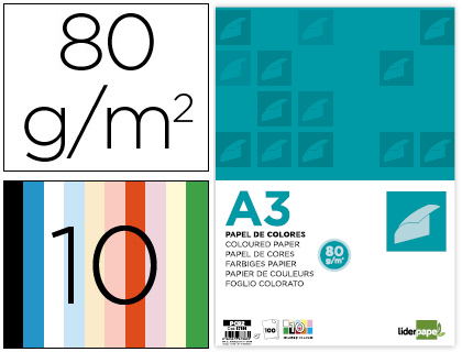 LIDERPAPEL - PAPEL COLOR A3 80GR/M2 10 COLORES SURTIDOS PAQUETE 100 HOJAS (Ref.PC92)