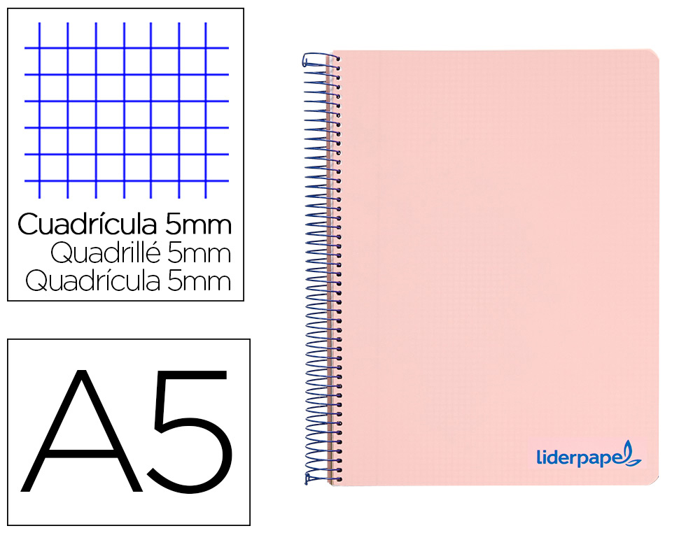 LIDERPAPEL - CUADERNO ESPIRAL A5 MICRO THINK TAPA PLASTICO 160H 80 GR CUADRO 5MM 5 BANDAS 6 TALADROS ROJO (Ref.BJ15)