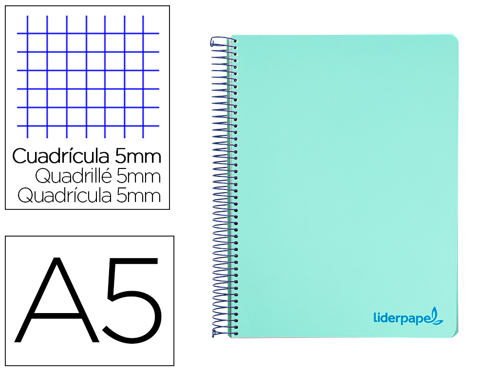 LIDERPAPEL - CUADERNO ESPIRAL A5 MICRO THINK TAPA PLASTICO 160H 80 GR CUADRO 5MM 5 BANDAS 6 TALADROS VERDE (Ref.BJ16)