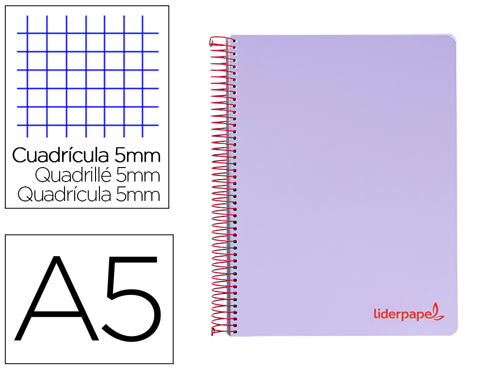 LIDERPAPEL - CUADERNO ESPIRAL A5 MICRO THINK TAPA PLASTICO 160H 80 GR CUADRO 5MM 5 BANDAS 6 TALADROS VIOLETA (Ref.BJ18)