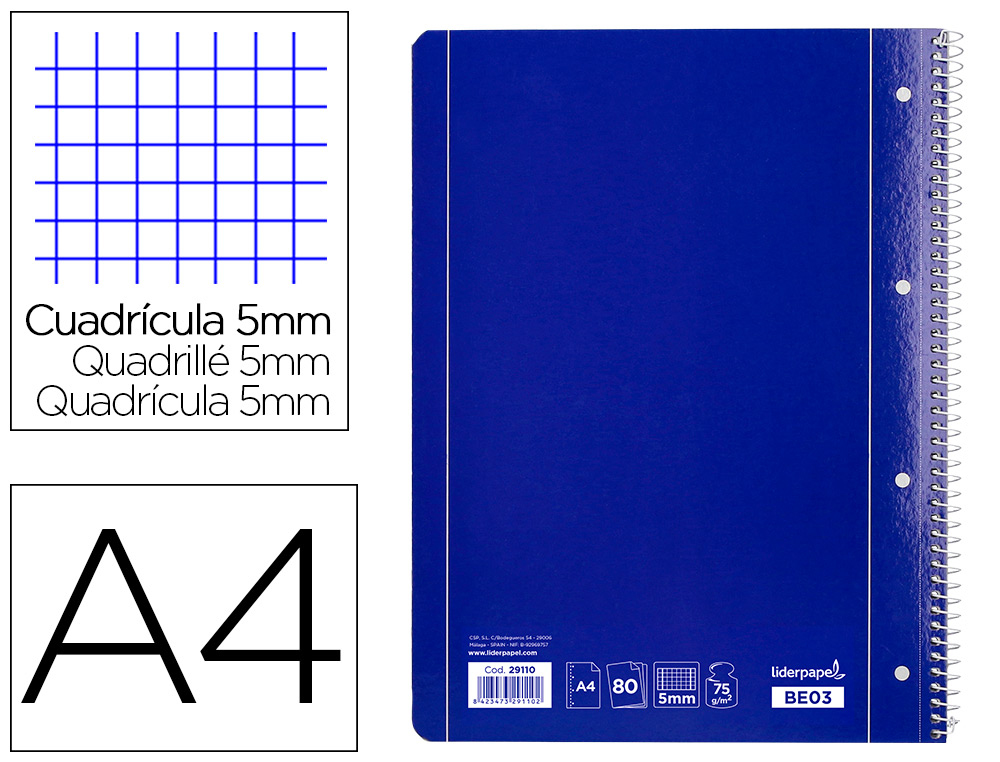 LIDERPAPEL - CUADERNO ESPIRAL A4 MICRO SERIE AZUL TAPA BLANDA 80H 80 GR CUADRO5MM CON MARGEN 4 TALADROS AZUL (Ref.BE03)