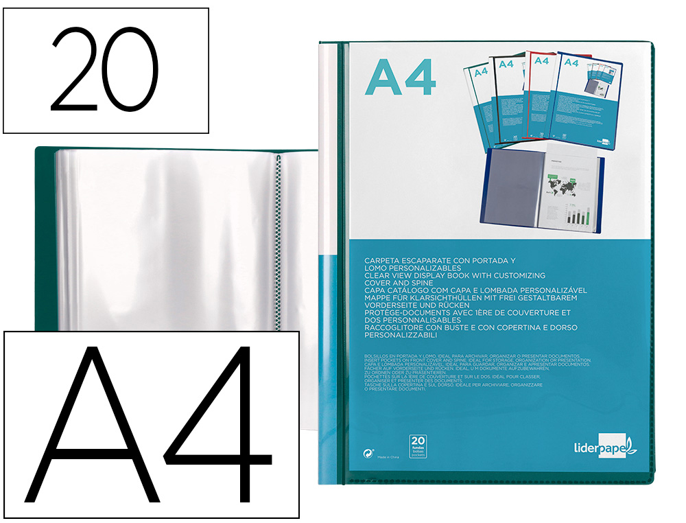 LIDERPAPEL - Carpeta personaliza 20 fundas canguro polipropileno din A4 verde translucido portada y lomo (Ref. JC04)