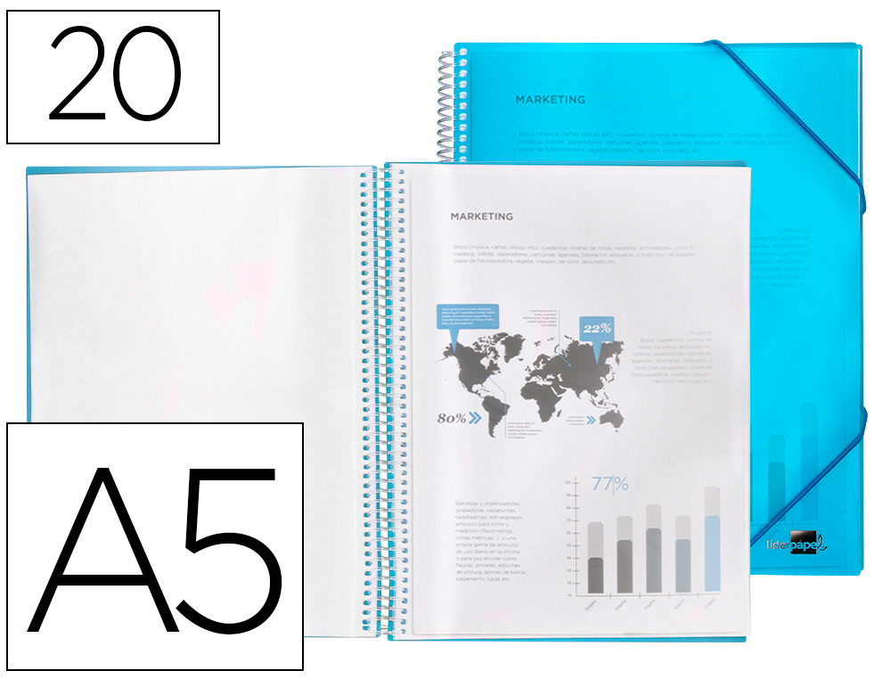 LIDERPAPEL - CARPETA ESCAPARATE CON ESPIRAL 20 FUNDAS POLIPROPILENO DIN A5 AZUL (Ref.EC45)