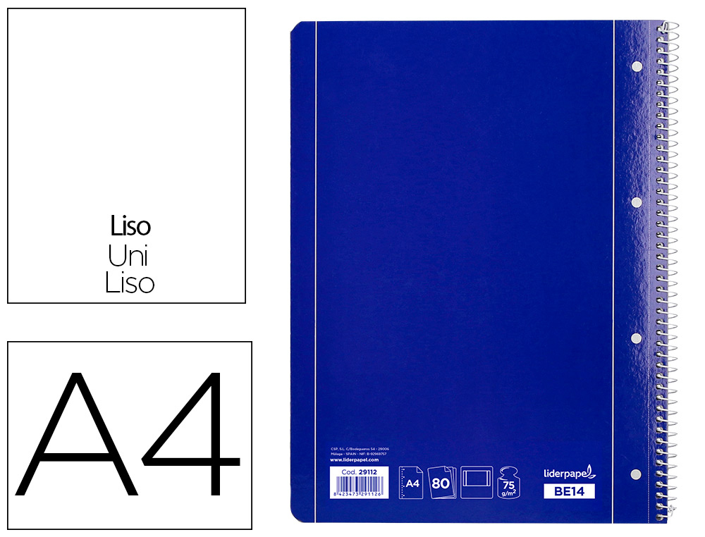 LIDERPAPEL - CUADERNO ESPIRAL A4 MICRO SERIE AZUL TAPA BLANDA 80H 80 GR LISO CON MARGEN 4 TALADROS AZUL (Ref.BE14)
