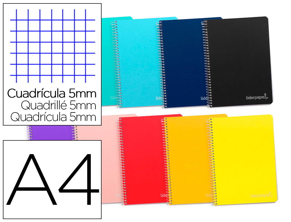 LIDERPAPEL - CUADERNO ESPIRAL A4 MICRO INSPIRE TAPA DURA 160H 60 GR CUADRO 5MM 5 BANDAS 4 TALADROS COLORES SURTIDOS (Ref.BA03)