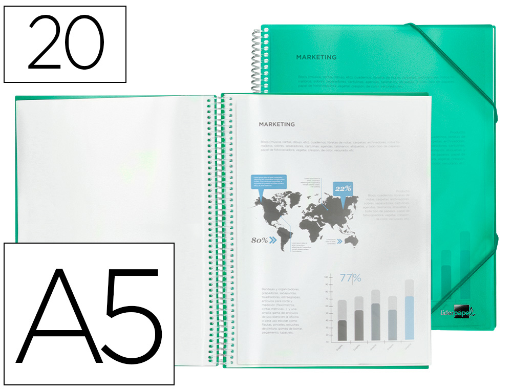LIDERPAPEL - CARPETA ESCAPARATE CON ESPIRAL 20 FUNDAS POLIPROPILENO DIN A5 VERDE (Ref.EC48)