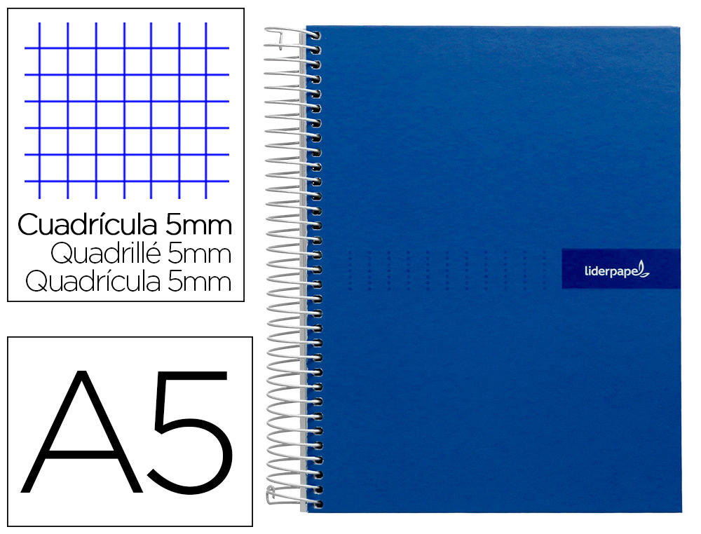 LIDERPAPEL - CUADERNO ESPIRAL A5 MICRO MULTILIDER TAPA FORRADA 140H 80 GR CUADRO 5MM 5 BANDAS 6 TALADROS AZUL (Ref.BJ08)