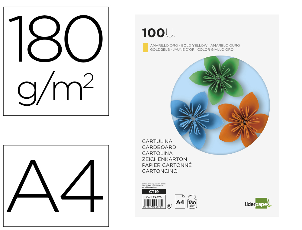LIDERPAPEL - CARTULINA A4 180G/M2 ORO PAQUETE DE 100 (Ref.CT19)