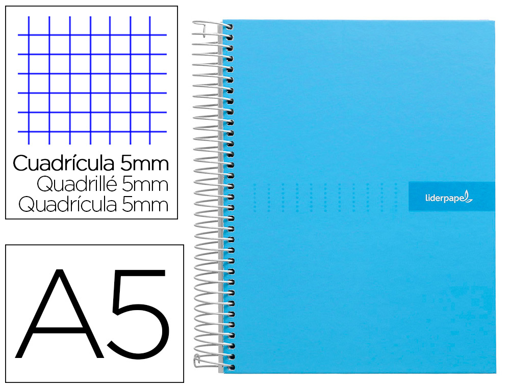 LIDERPAPEL - CUADERNO ESPIRAL A5 MICRO MULTILIDER TAPA FORRADA 140H 80 GR CUADRO 5MM 5 BANDAS 6 TALADROS CELESTE (Ref.BJ58)