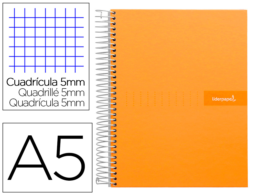 LIDERPAPEL - CUADERNO ESPIRAL A5 MICRO MULTILIDER TAPA FORRADA 140H 80 GR CUADRO 5MM 5 BANDAS 6 TALADROS NARANJA (Ref.BJ13)