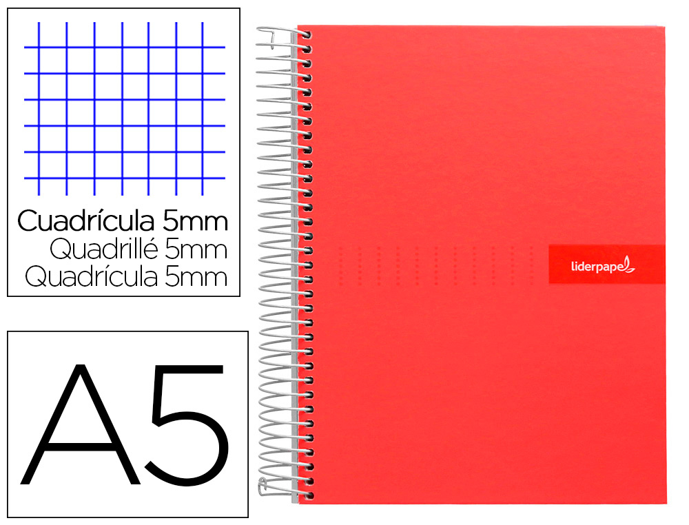 LIDERPAPEL - CUADERNO ESPIRAL A5 MICRO MULTILIDER TAPA FORRADA 140H 80 GR CUADRO 5MM 5 BANDAS 6 TALADROS ROJO (Ref.BJ09)
