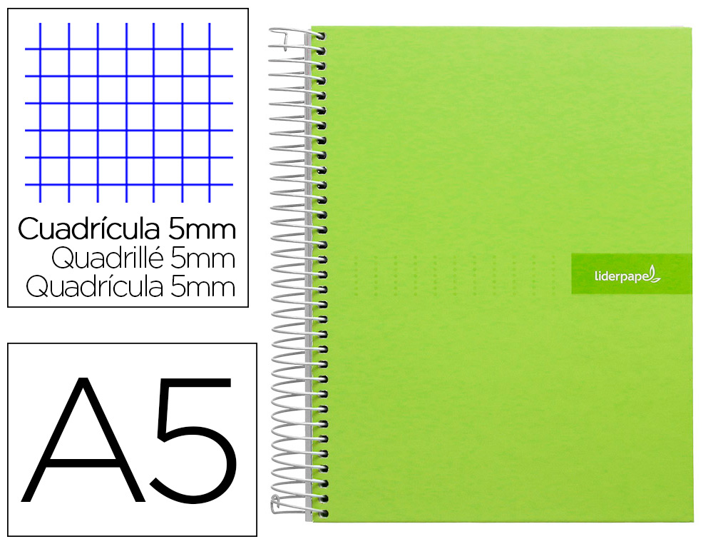 LIDERPAPEL - CUADERNO ESPIRAL A5 MICRO MULTILIDER TAPA FORRADA 140H 80 GR CUADRO 5MM 5 BANDAS 6 TALADROS VERDE (Ref.BJ10)