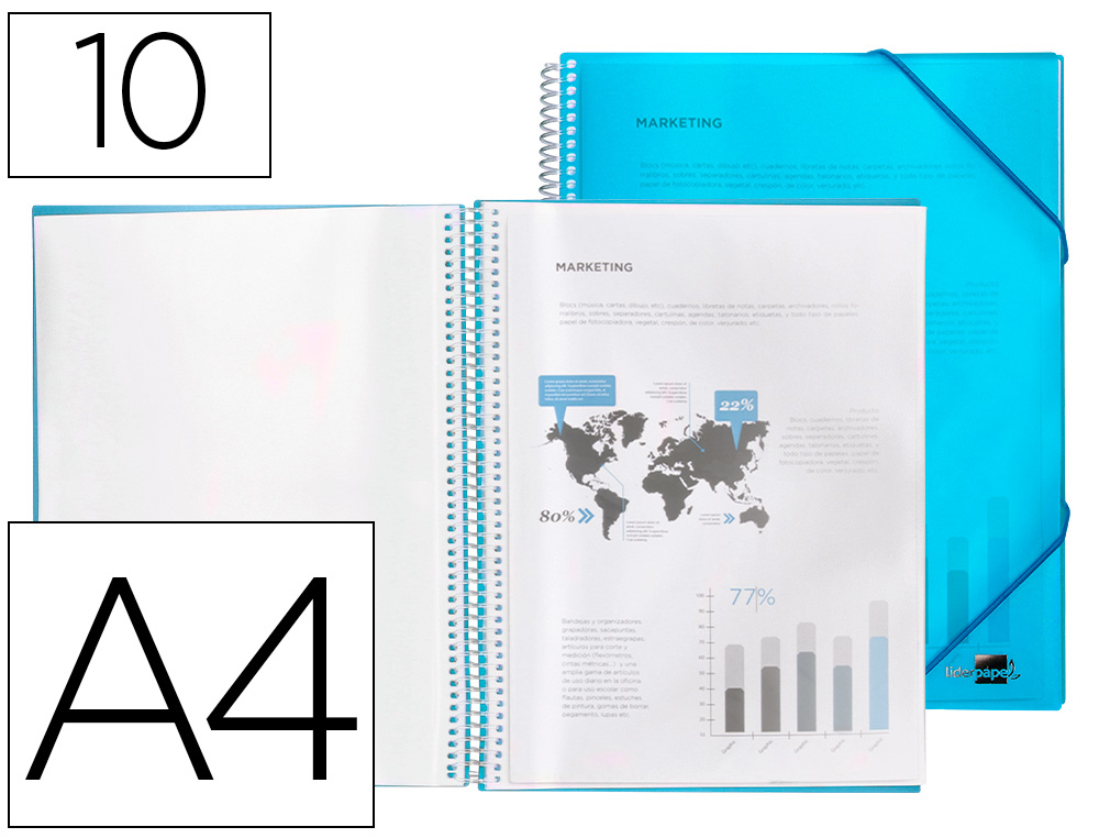 LIDERPAPEL - CARPETA ESCAPARATE CON ESPIRAL 10 FUNDAS POLIPROPILENO DIN A4 AZUL (Ref.EC01)