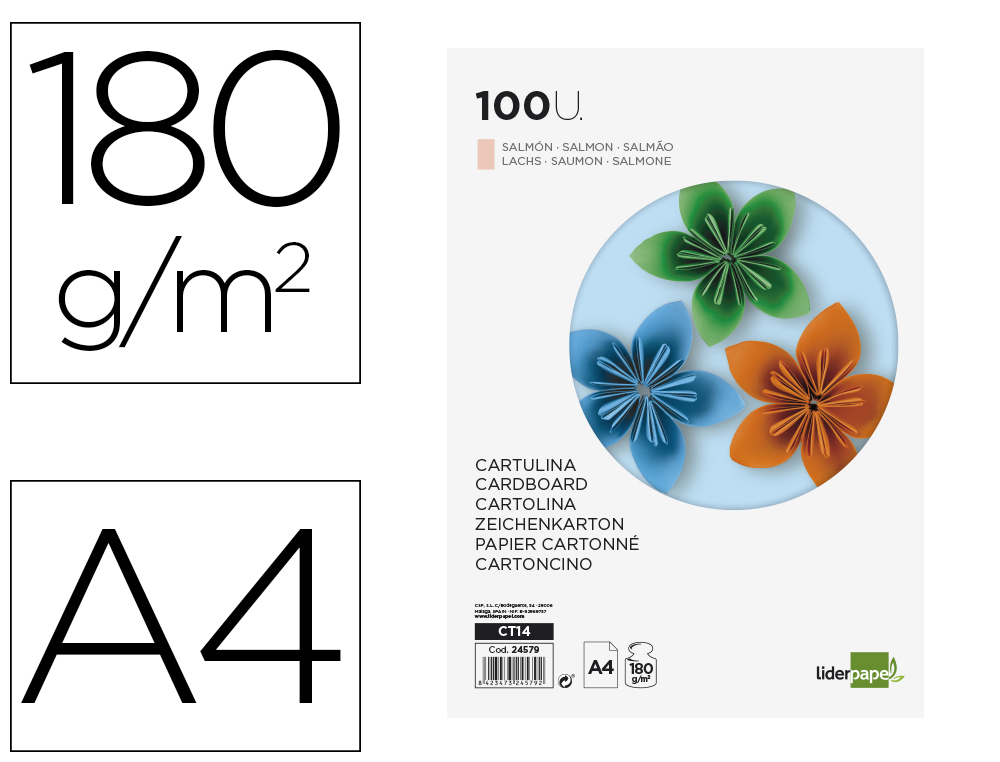 LIDERPAPEL - CARTULINA A4 180G/M2 SALMON PAQUETE DE 100 (Ref.CT14)