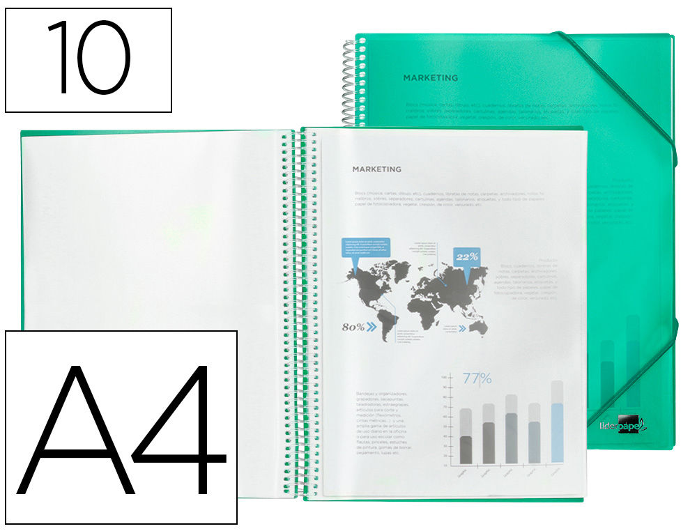 LIDERPAPEL - CARPETA ESCAPARATE CON ESPIRAL 10 FUNDAS POLIPROPILENO DIN A4 VERDE (Ref.EC03)