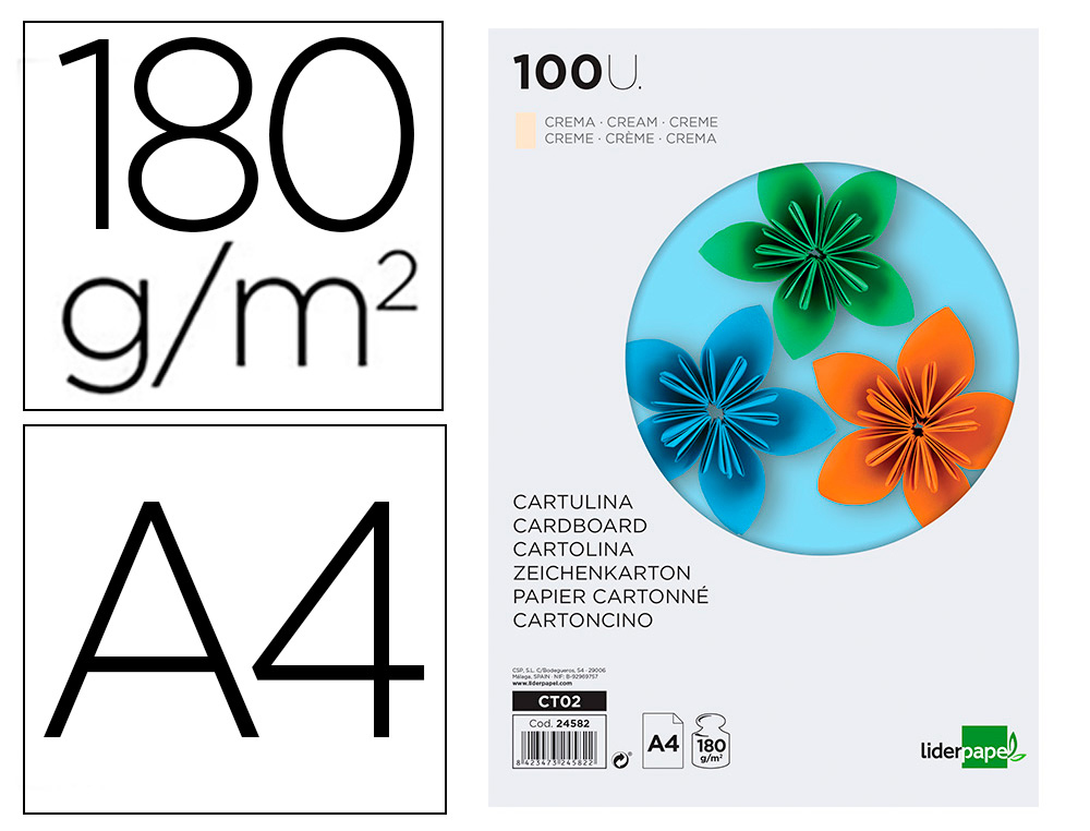 LIDERPAPEL - CARTULINA A4 180G/M2 CREMA PAQUETE DE 100 (Ref.CT02)
