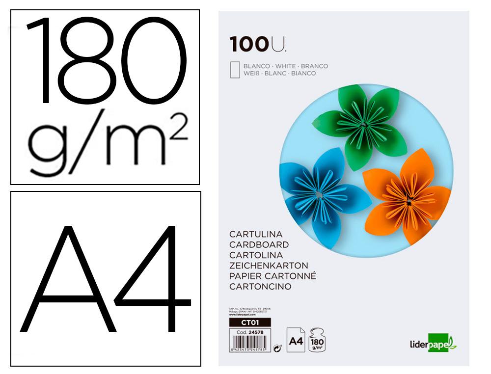 LIDERPAPEL - CARTULINA A4 180G/M2 BLANCO PAQUETE DE 100 (Ref.CT01)
