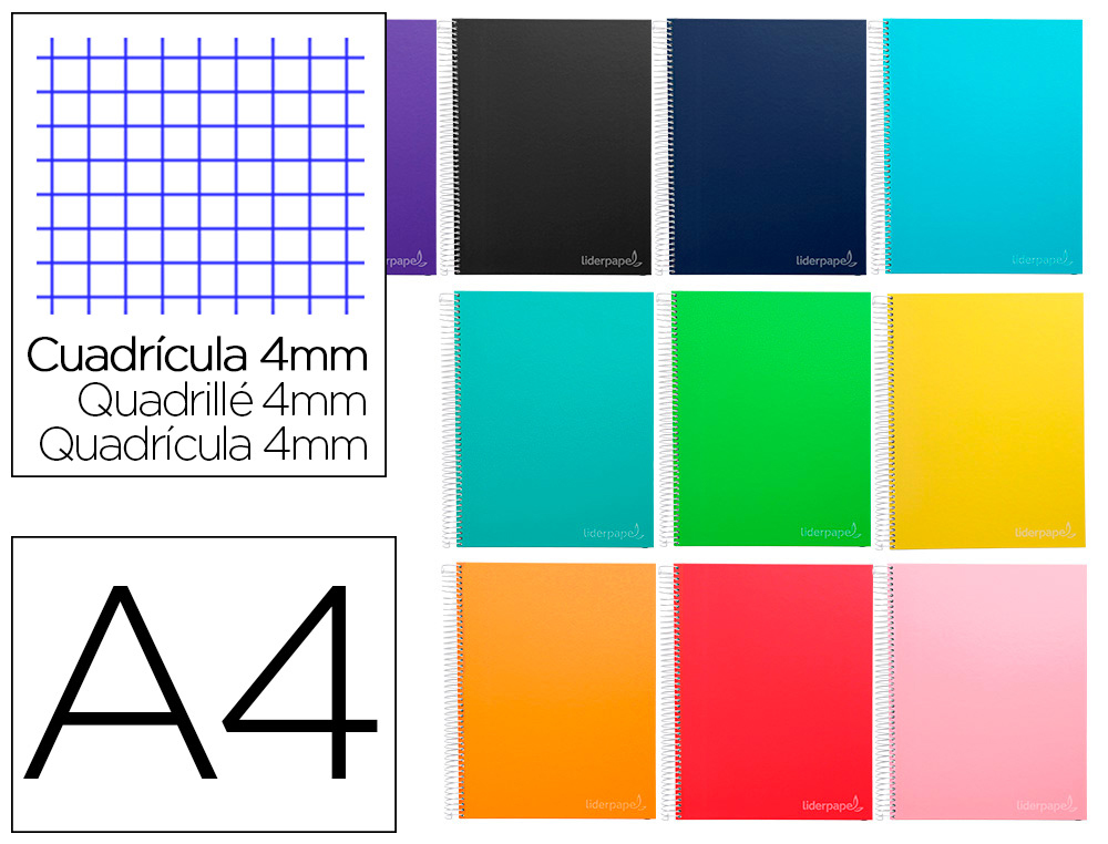LIDERPAPEL - CUADERNO ESPIRAL A4 MICRO CLASSIC TAPA FORRADA 160 H 60 GR CUADRO4MM 5 BANDA S 4 TALADROS COLORES SURTIDOS S (Ref.BA59)