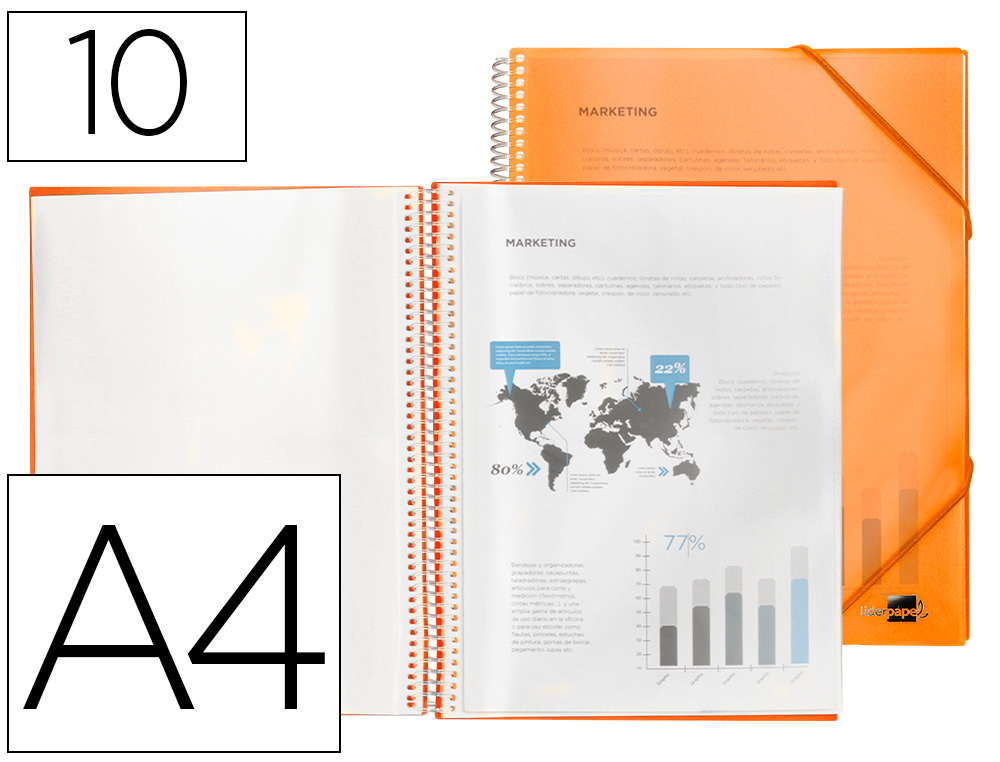 LIDERPAPEL - CARPETA ESCAPARATE CON ESPIRAL 10 FUNDAS POLIPROPILENO DIN A4 NARANJA (Ref.EC04)
