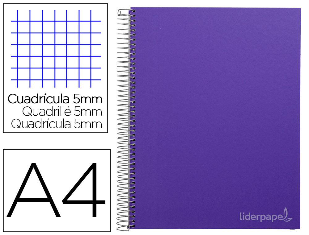 LIDERPAPEL - CUADERNO ESPIRAL A4 MICRO CLASSIC TAPA FORRADA 160H 60 GR CUADRO 5MM 5 BANDAS 4 TALADROS MORADO (Ref.BA51)