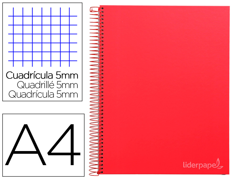LIDERPAPEL - CUADERNO ESPIRAL A4 MICRO CLASSIC TAPA FORRADA 160H 60 GR CUADRO 5MM 5 BANDAS 4 TALADROS ROJO (Ref.BA50)