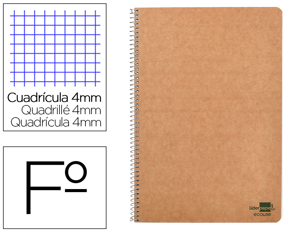 LIDERPAPEL - CUADERNO ESPIRAL FOLIO ECOUSE TAPA CARTULINA KRAFT 80H PAPEL RECICLADO 60 GR CUADRO 4MM CON MARGEN (Ref.BB02)