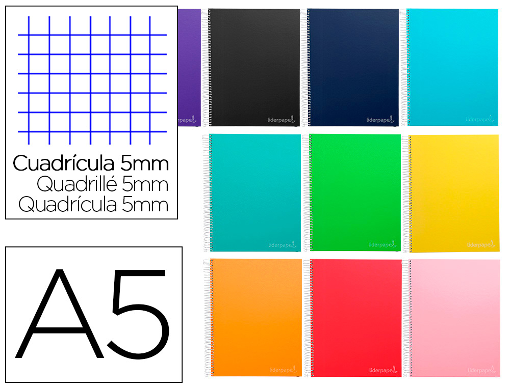 LIDERPAPEL - CUADERNO ESPIRAL A5 MICRO CLASSIC TAPA FORRADA 160H 60 GR CUADRO 5MM 5 BANDAS6 TALADROS COLORES SURTIDOS (Ref.BJ55)