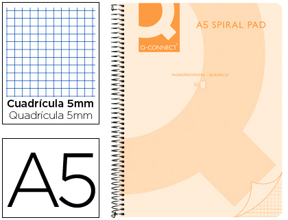 Q-CONNECT - CUADERNO ESPIRAL Q CONNECT A5 MICRO TAPA PLASTICO 80H 70G CUADRO 5MM SIN BANDAS 6 TALADROS (Ref.KF10027)