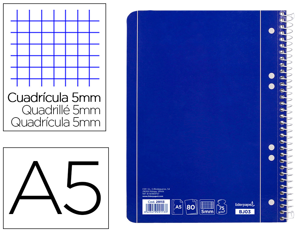 LIDERPAPEL - CUADERNO ESPIRAL A5 MICRO SERIE AZUL TAPA BLANDA 80H 80 GR CUADRO5MM 6 TALADROS AZUL (Ref.BJ03)