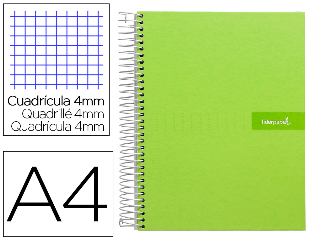 LIDERPAPEL - CUADERNO ESPIRAL FOLIO MULTILIDER TAPA FORRADA 80H 80 GR CUADRO 4MM CON MARGEN VERDE (Ref.BF48)