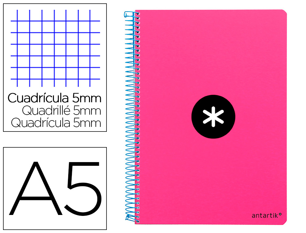 ANTARTIK - CUADERNO ESPIRAL LIDERPAPEL A5 TAPA DURA 80H 100 G CUADRO 5MM CON MARGEN COLOR ROSA FLUOR (Ref.KE15)