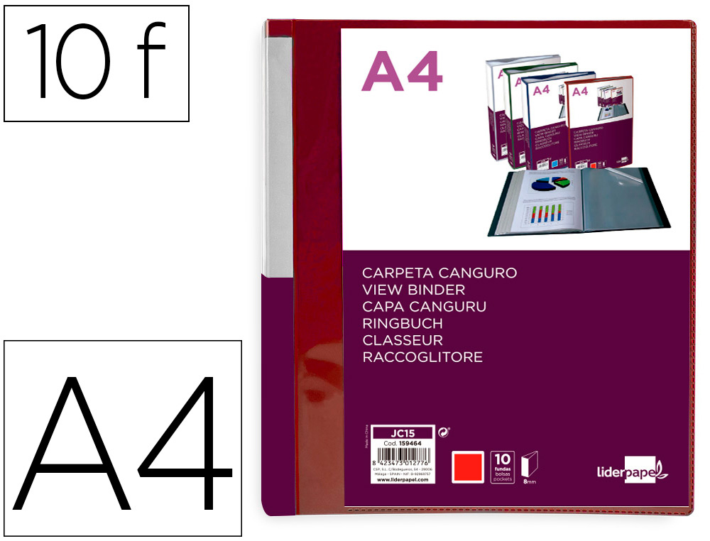LIDERPAPEL - Carpeta 10 fundas canguro pp din A4 rojo translucido portada y lomo personalizable (Ref. JC15)