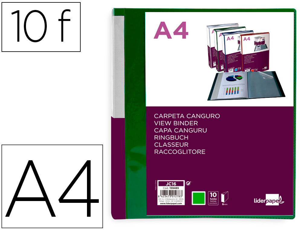 LIDERPAPEL - Carpeta 10 fundas canguro pp din A4 verde translucido portada y lomo personalizable (Ref. JC16)