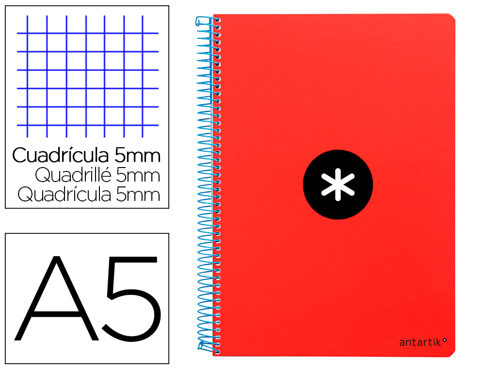 ANTARTIK - CUADERNO ESPIRAL LIDERPAPEL CUARTO TAPA DURA 80H 100 GR CUADRO 4MM CON MARGEN COLOR ROJO (Ref.KE12)