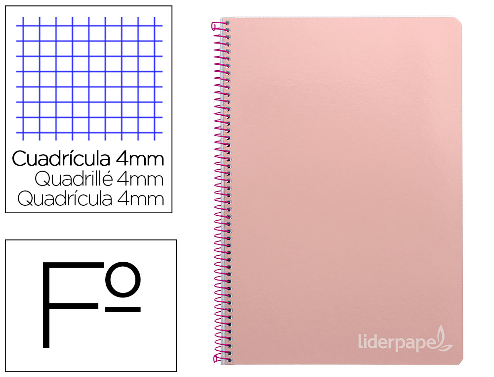 LIDERPAPEL - CUADERNO ESPIRAL FOLIO INSPIRE TAPA DURA 80H 60 GR CUADRO 4MM CON MARGEN COLOR ROSA (Ref.BF73)
