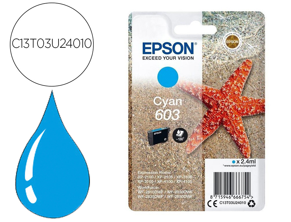 EPSON - Ink-jet 603 xp-2100 / 2105 / 3100 / 4100 / wf-2810 / 2830 / 2835 / 2850 cian 130 paginas (Ref. C13T03U24010)