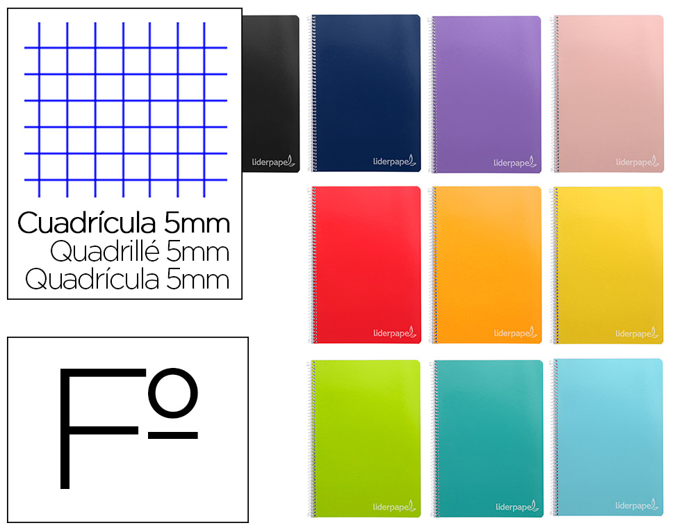 LIDERPAPEL - CUADERNO ESPIRAL FOLIO INSPIRE TAPA DURA 80H 60 GR CUADRO 5MM CON MARGEN COLORES SURTIDOS (Ref.BF64)