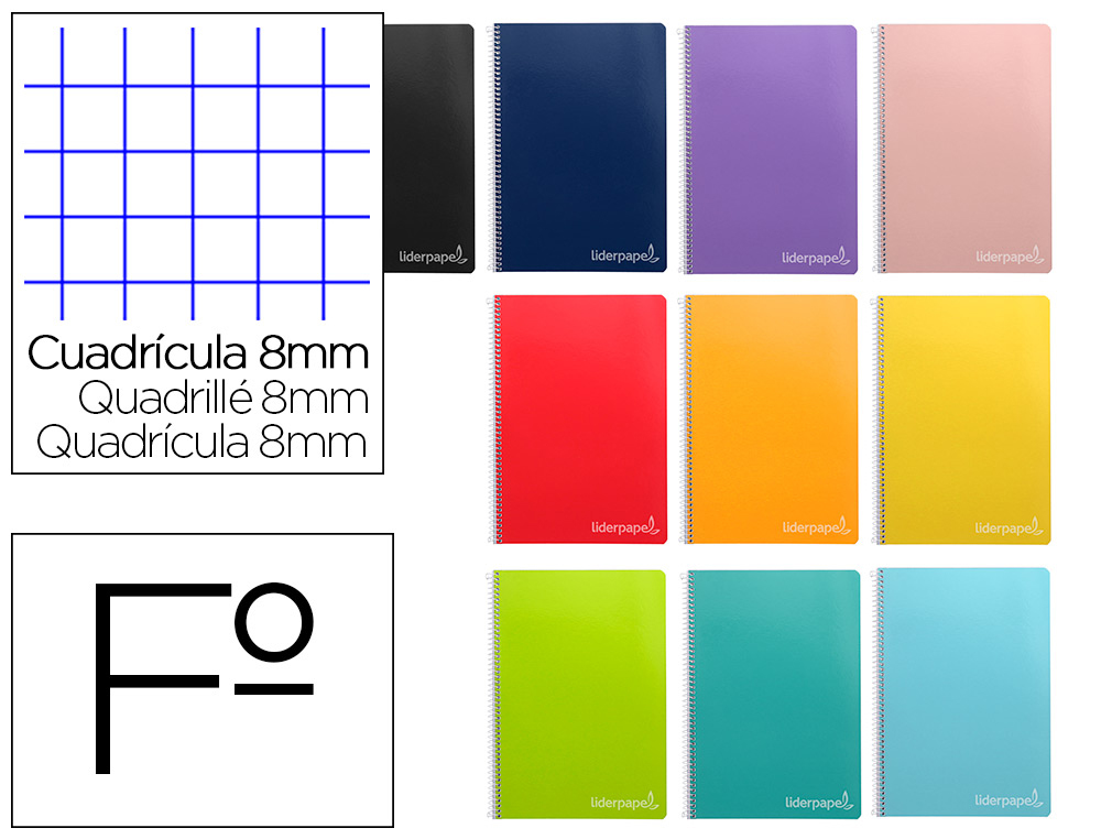 LIDERPAPEL - CUADERNO ESPIRAL FOLIO INSPIRE TAPA DURA 80H 60 GR CUADRO 8MM CON MARGEN COLORES SURTIDOS (Ref.BF66)