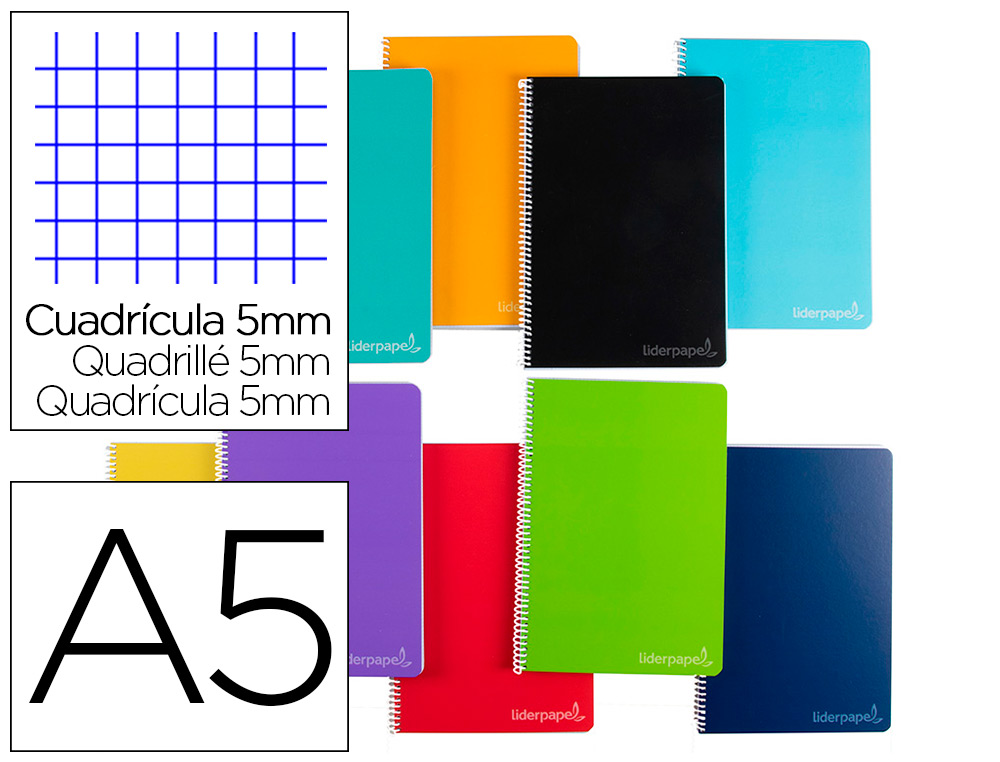 LIDERPAPEL - CUADERNO ESPIRAL A5 MICRO INSPIRE TAPA DURA 160H 60 GR CUADRO 5MM 5 BANDAS 6 TALADROS COLORES SURTIDOS (Ref.BJ06)