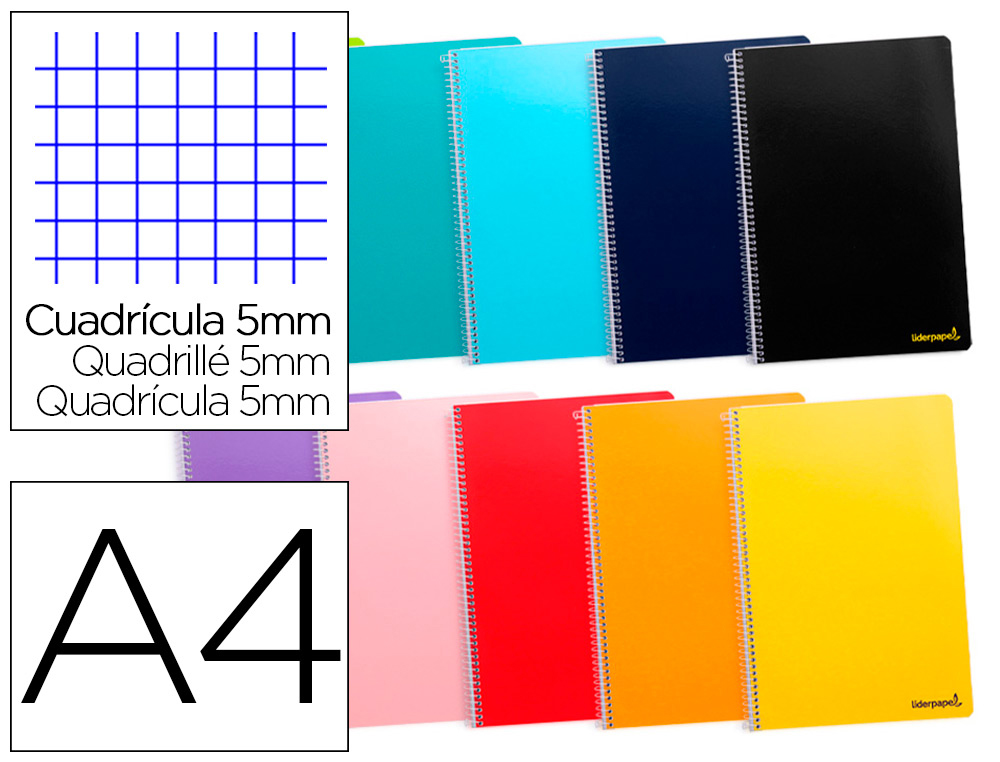 LIDERPAPEL - CUADERNO ESPIRAL A4 MICRO WRITE TAPA BLANDA 80H 60 GR CUADRO 5MM 4TALADROS COLORES SURTIDOS (Ref.BE01)