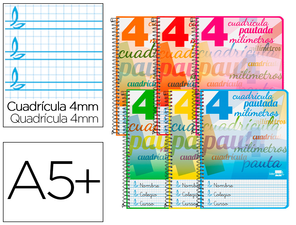 LIDERPAPEL - CUADERNO ESPIRAL CUARTO PAUTAGUIA TAPA DURA 80H 80 GR CUADRO PAUTADO 4MM CON MARGEN (Ref.BC68)