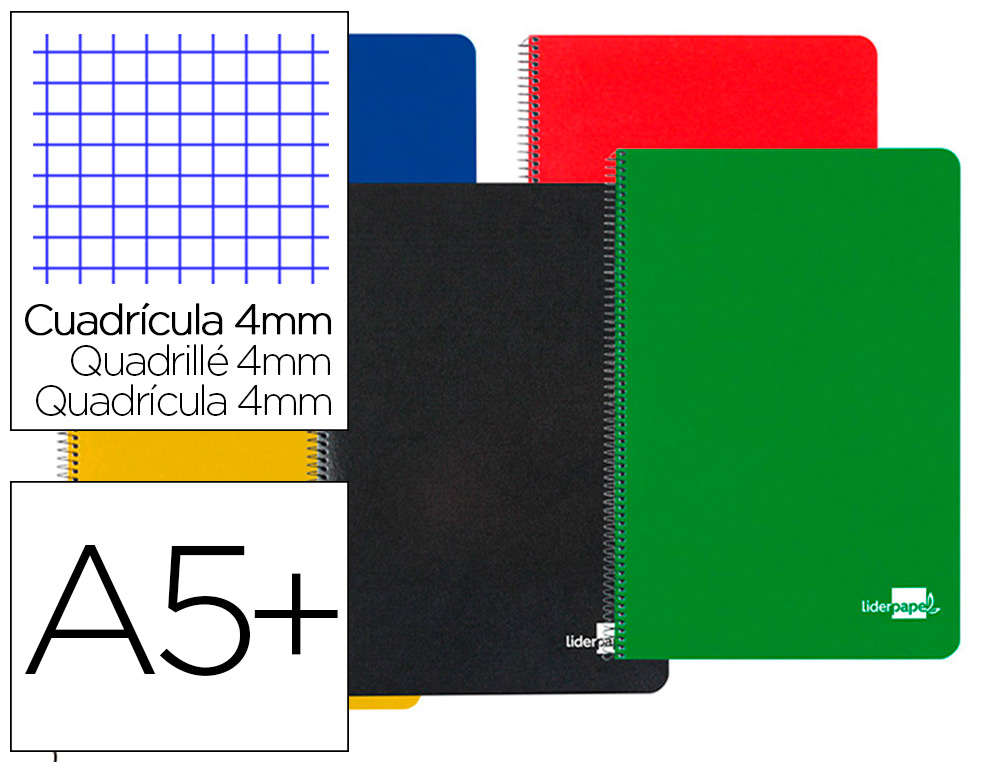 LIDERPAPEL - CUADERNO ESPIRAL CUARTO TAPA DURA 80H 60 GR CUADRO 4MM CON MARGEN COLORES SURTIDOS (Ref.BC44)