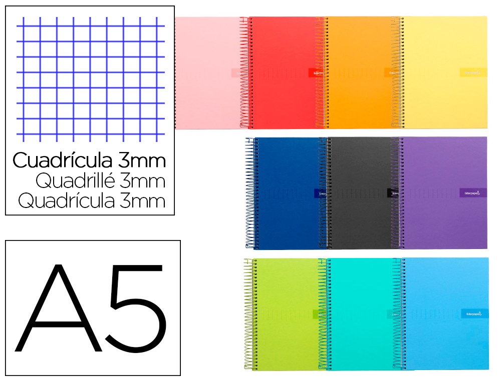 LIDERPAPEL - CUADERNO ESPIRAL CUARTO MULTILIDER TAPA FORRADA 80H 80 GR CUADRO 3MM CON MARGEN COLORES SURTIDOS (Ref.BC32)