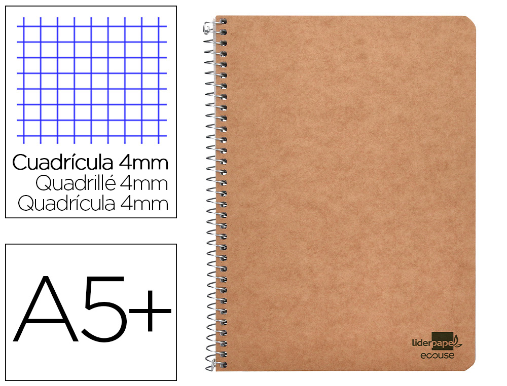 LIDERPAPEL - CUADERNO ESPIRAL CUARTO ECOUSE TAPA CARTULINA KRAFT 80H PAPEL RECICLADO 60 GR CUADRO 4MM (Ref.BB03)