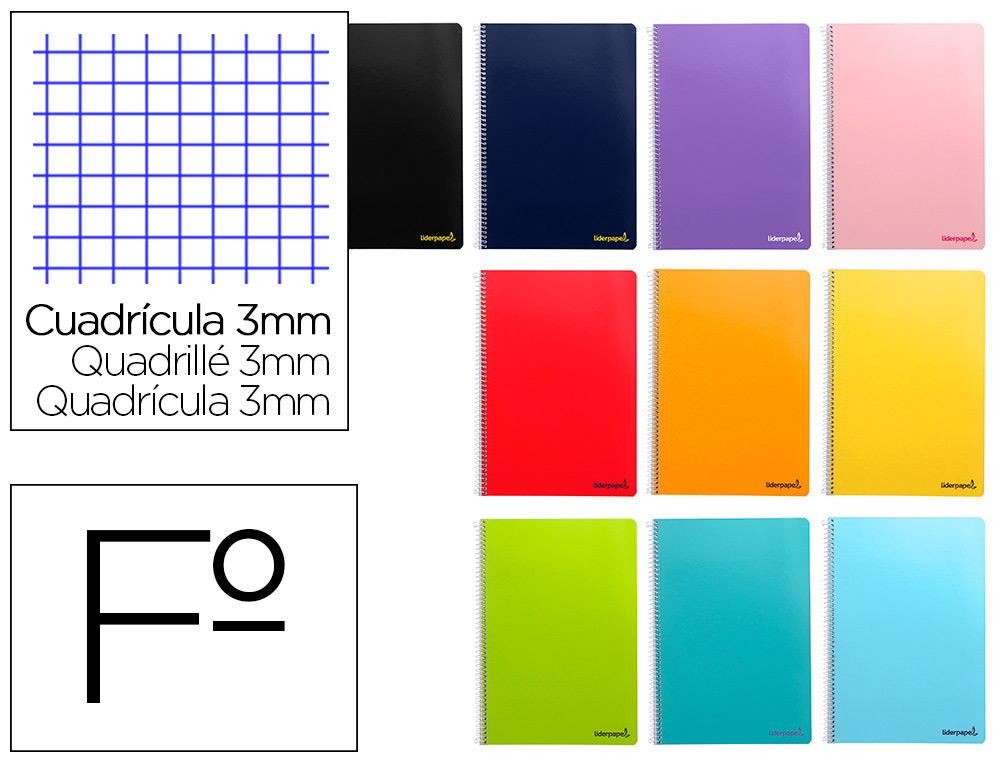 LIDERPAPEL - CUADERNO ESPIRAL FOLIO WRITE TAPA BLANDA 80H 60 GR CUADRO 3MM CON MARGEN COLORES SURTIDOS (Ref.BF06)
