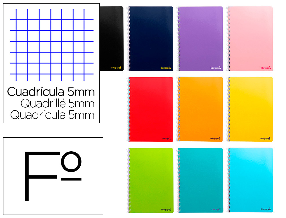 LIDERPAPEL - CUADERNO ESPIRAL FOLIO WRITE TAPA BLANDA 80H 60 GR CUADRO 5MM CON MARGEN COLORES SURTIDOS (Ref.BF13)
