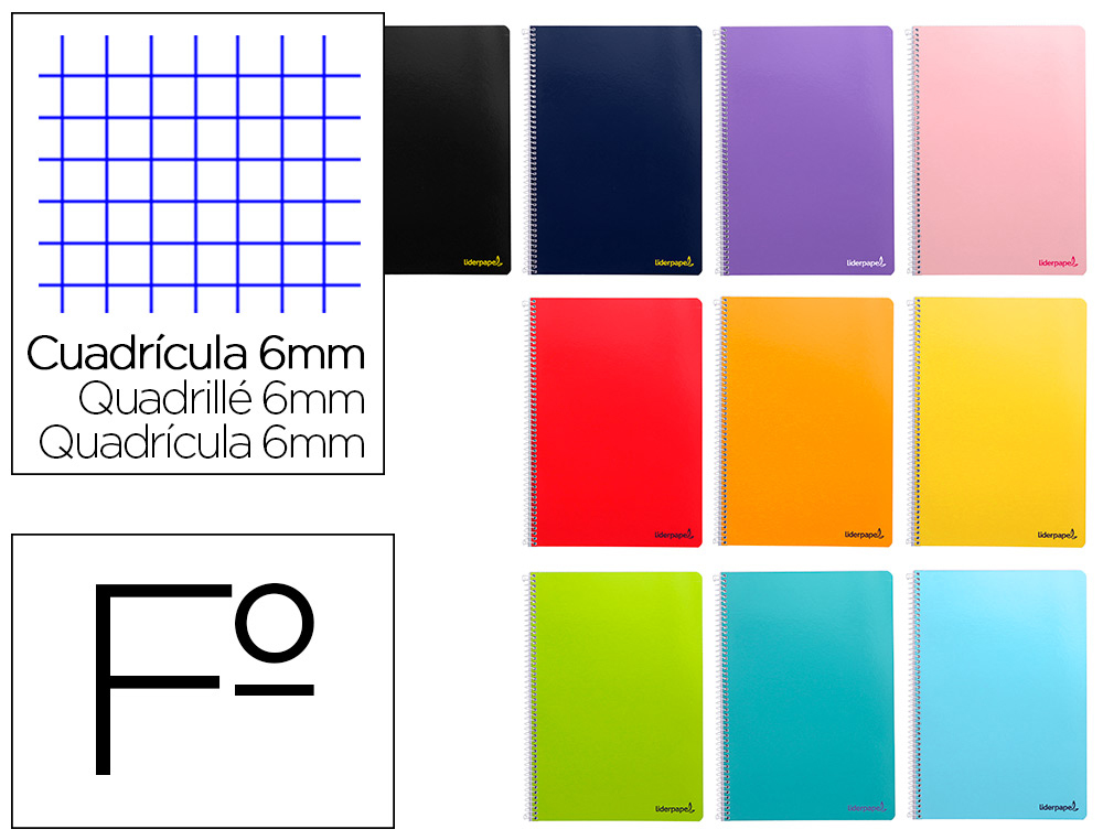 LIDERPAPEL - CUADERNO ESPIRAL FOLIO WRITE TAPA BLANDA 80H 60 GR CUADRO 6MM CON MARGEN COLORES SURTIDOS (Ref.BF07)