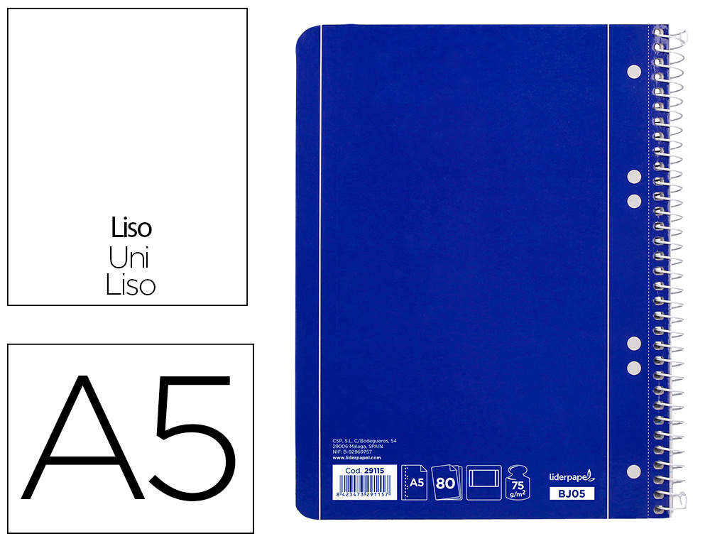 LIDERPAPEL - CUADERNO ESPIRAL A5 MICRO SERIE AZUL TAPA BLANDA 80H 80 GR LISO 6TALADROS AZUL (Ref.BJ05)