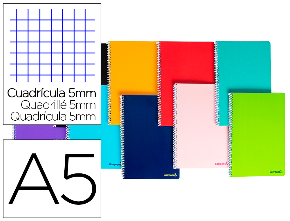LIDERPAPEL - CUADERNO ESPIRAL A5 MICRO WRITE TAPA BLANDA 80H 60 GR CUADRO 5MM 6 TALADROS COLORES SURTIDOS (Ref.BJ01)